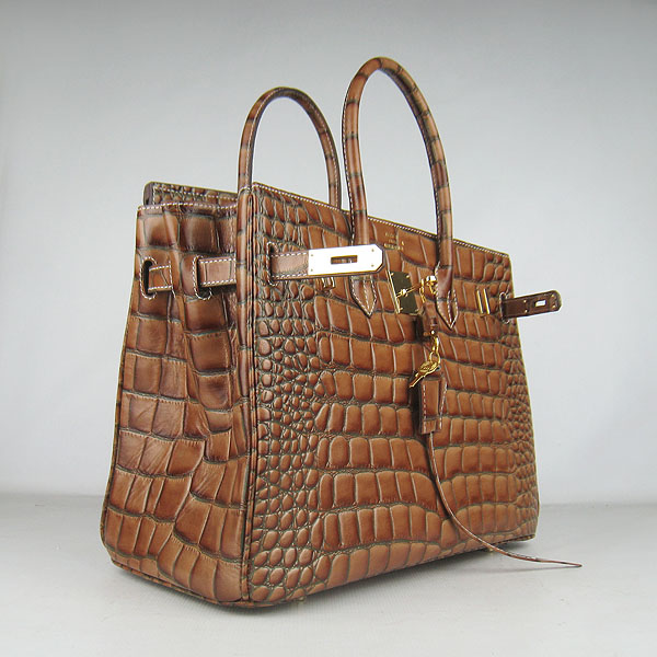 High Quality Fake Hermes Birkin 35CM Crocodile Veins Leather Bag Light Coffee 6089